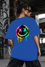 Neon Vibe Damen Oversized T-Shirt – Neon Smiley – DTF Backprint in Blau, Größe 5XL