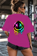 Neon Vibe Damen Oversized T-Shirt – Neon Smiley – DTF Backprint in Pink, Größe 5XL