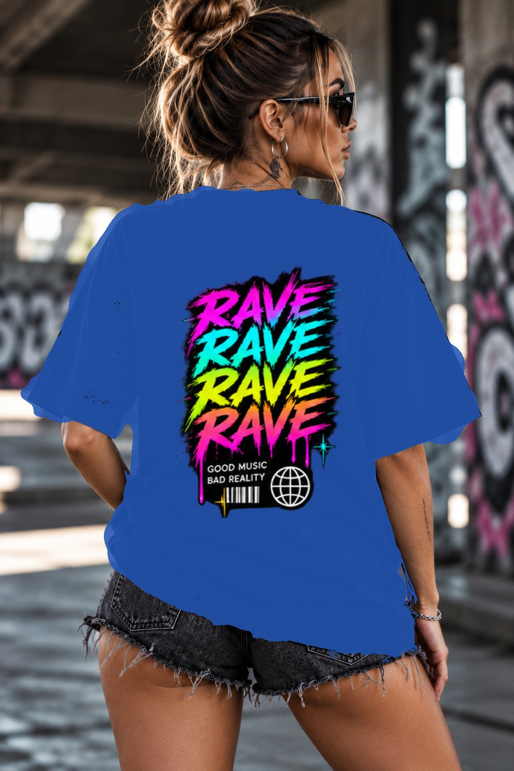 Neon Vibe Damen Oversized T-Shirt – Rave Rave Rave – DTF Backprint in Blau, Größe 5XL
