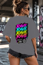 Neon Vibe Damen Oversized T-Shirt – Rave Rave Rave – DTF Backprint in Grau, Größe 5XL