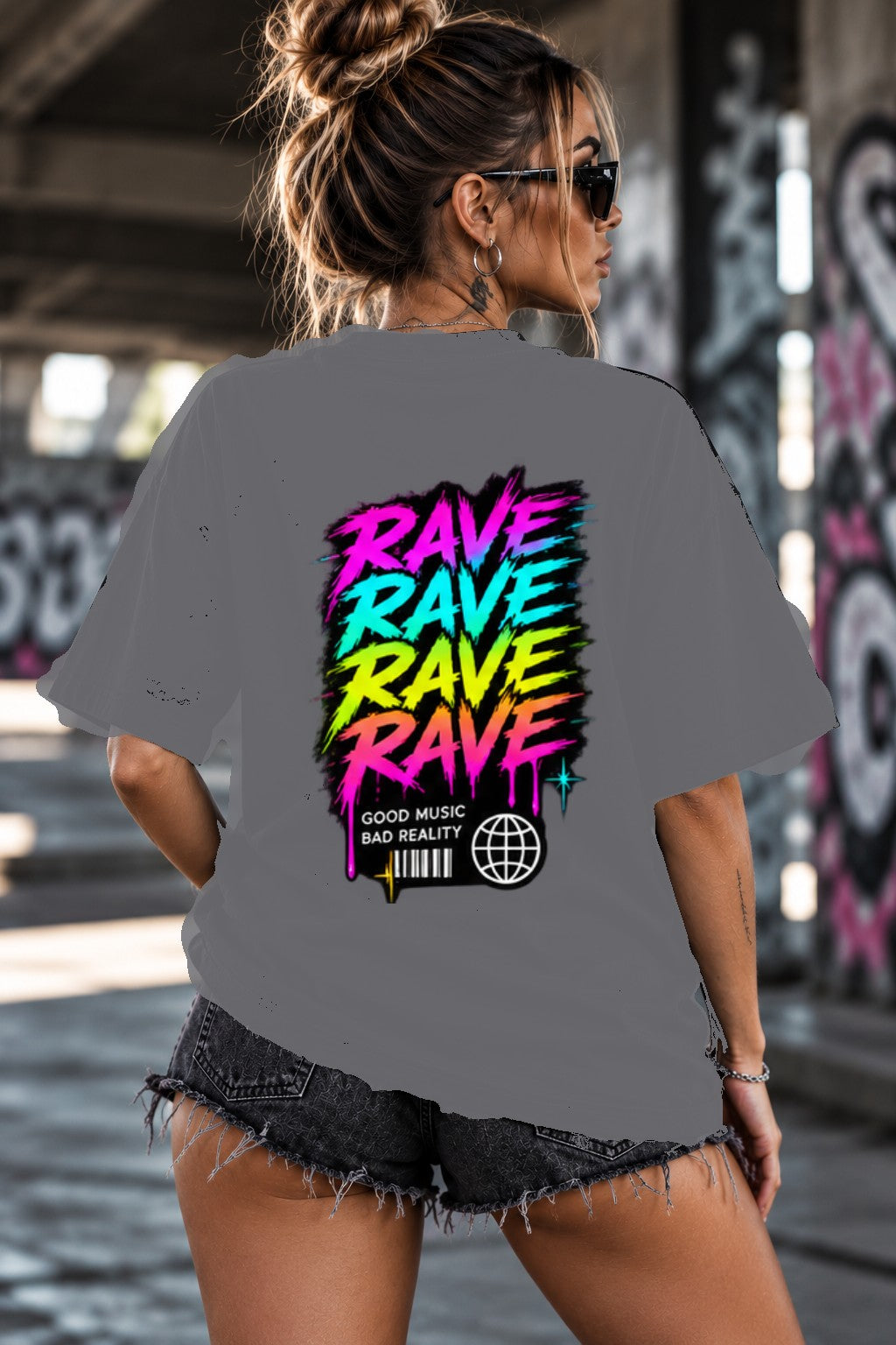 Neon Vibe Damen Oversized T-Shirt – Rave Rave Rave – DTF Backprint in Grau, Größe 5XL