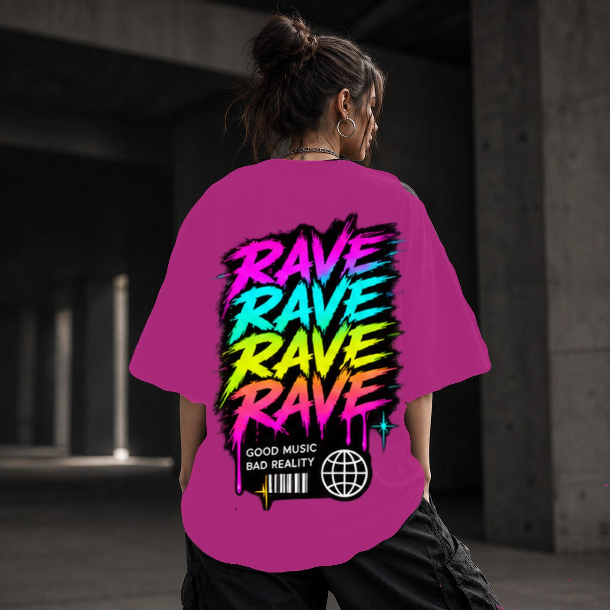 Neon Vibe Damen Oversized T-Shirt – Rave Rave Rave – DTF Backprint in Pink, Größe 5XL