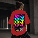 Neon Vibe Damen Oversized T-Shirt – Rave Rave Rave – DTF Backprint in Rot, Größe 5XL