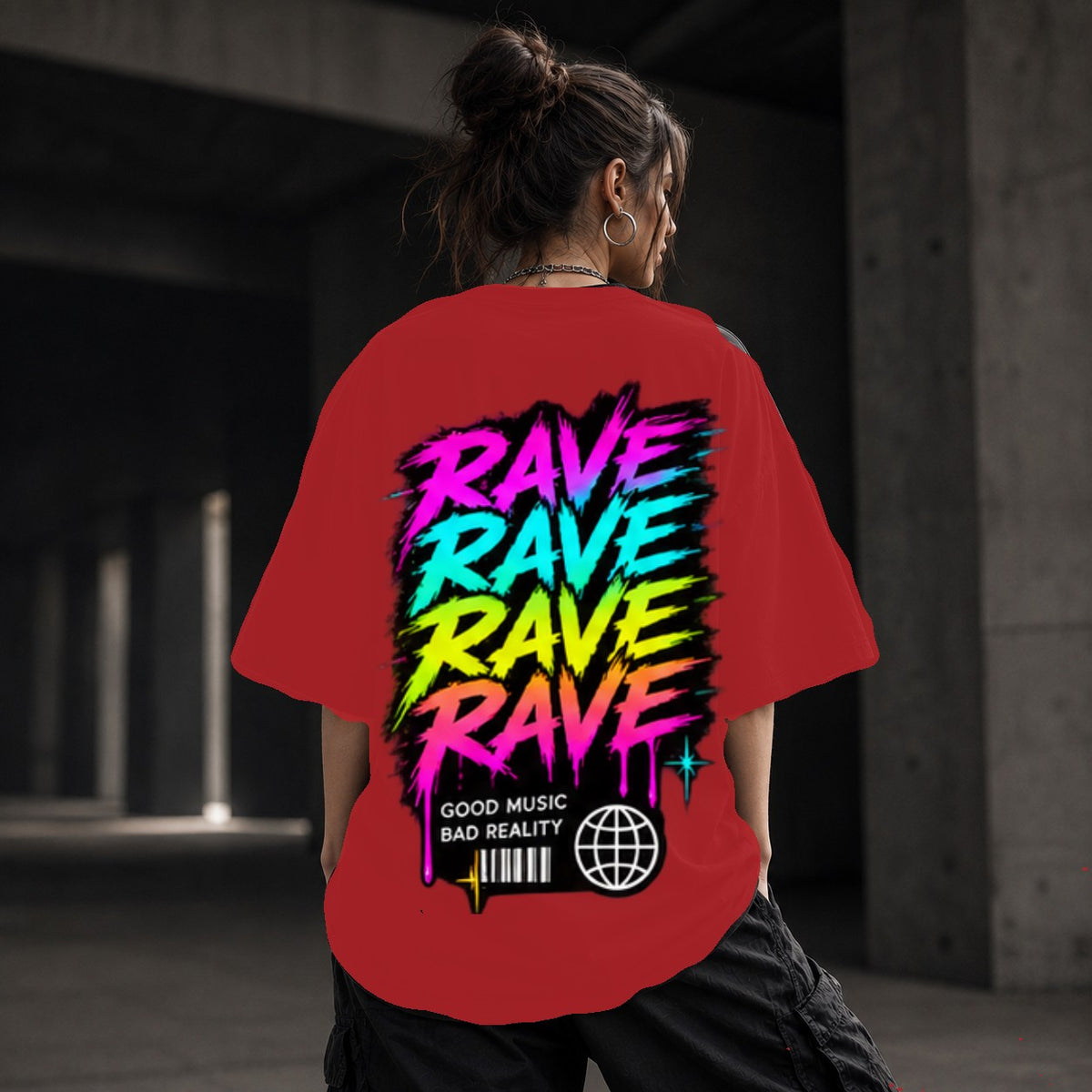Neon Vibe Damen Oversized T-Shirt – Rave Rave Rave – DTF Backprint in Rot, Größe 5XL