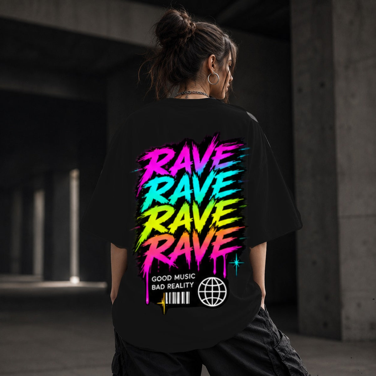 Neon Vibe Damen Oversized T-Shirt – Rave Rave Rave – DTF Backprint in Schwarz, Größe 5XL