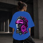 Neon Vibe Damen Oversized T-Shirt – Techno Statue – DTF Backprint in Blau, Größe 5XL