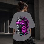 Neon Vibe Damen Oversized T-Shirt – Techno Statue – DTF Backprint in Grau, Größe 5XL