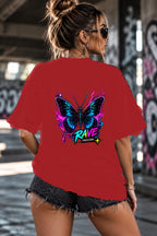 Neon Vibe Damen Oversized T-Shirt – Rave Butterfly – DTF Backprint in Rot, Größe 5XL