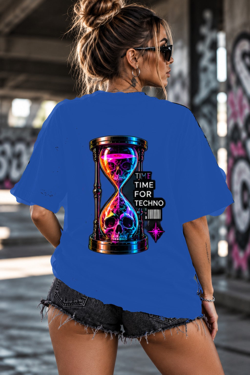 Neon Vibe Damen Oversized T-Shirt – Hourglass Skull – DTF Backprint in Blau, Größe 5XL