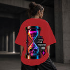 Neon Vibe Damen Oversized T-Shirt – Hourglass Skull – DTF Backprint in Rot, Größe 5XL