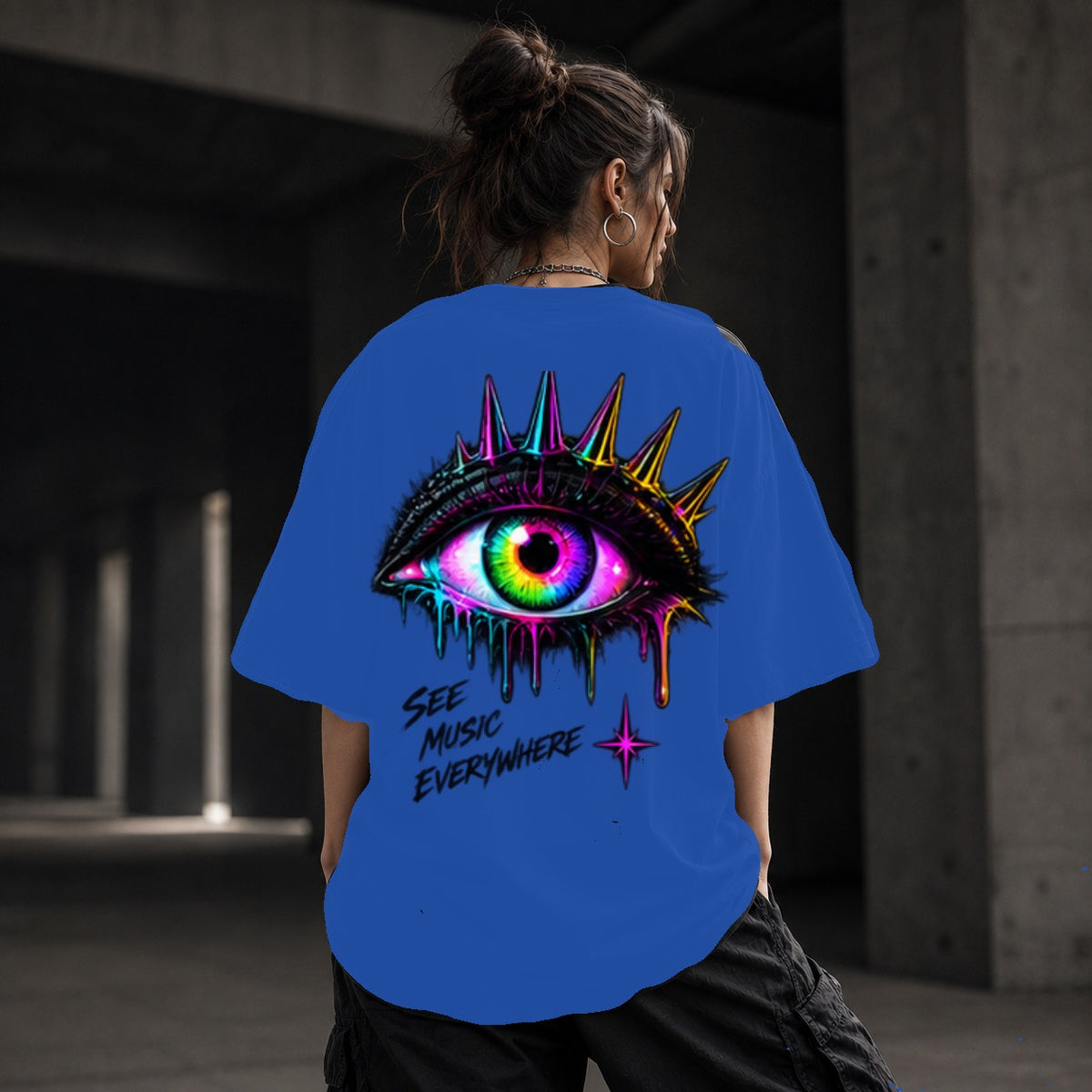 Neon Vibe Damen Oversized T-Shirt – Crowned Eye – DTF Backprint in Blau, Größe 5XL
