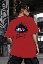Neon Vibe Damen Oversized T-Shirt – Crowned Eye – DTF Backprint in Rot, Größe 5XL