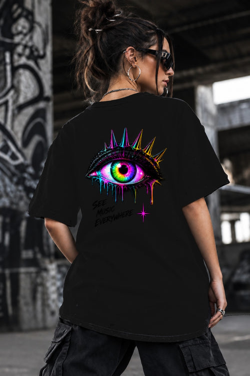 Neon Vibe Damen Oversized T-Shirt – Crowned Eye – DTF Backprint in Schwarz, Größe 5XL