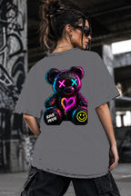 Neon Vibe Damen Oversized T-Shirt – Rave Teddy – DTF Backprint in Grau, Größe 5XL