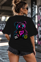 Neon Vibe Damen Oversized T-Shirt – Rave Teddy – DTF Backprint in Schwarz, Größe 5XL