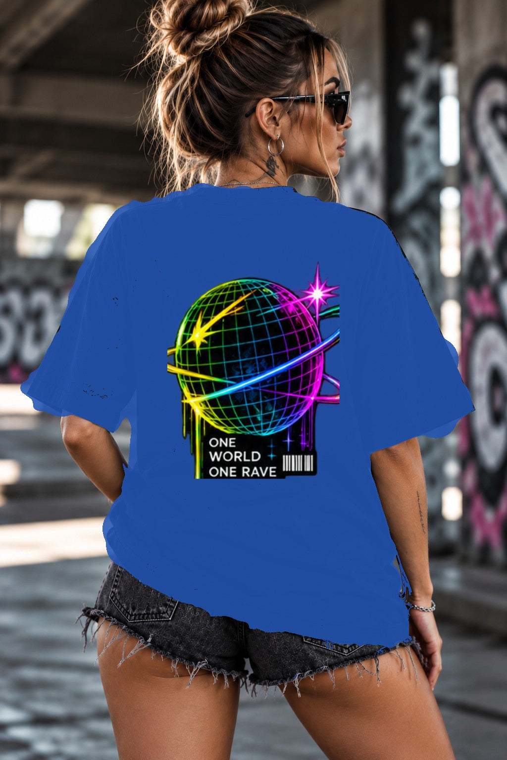 Neon Vibe Damen Oversized T-Shirt – Rave Globe – DTF Backprint in Blau, Größe 5XL