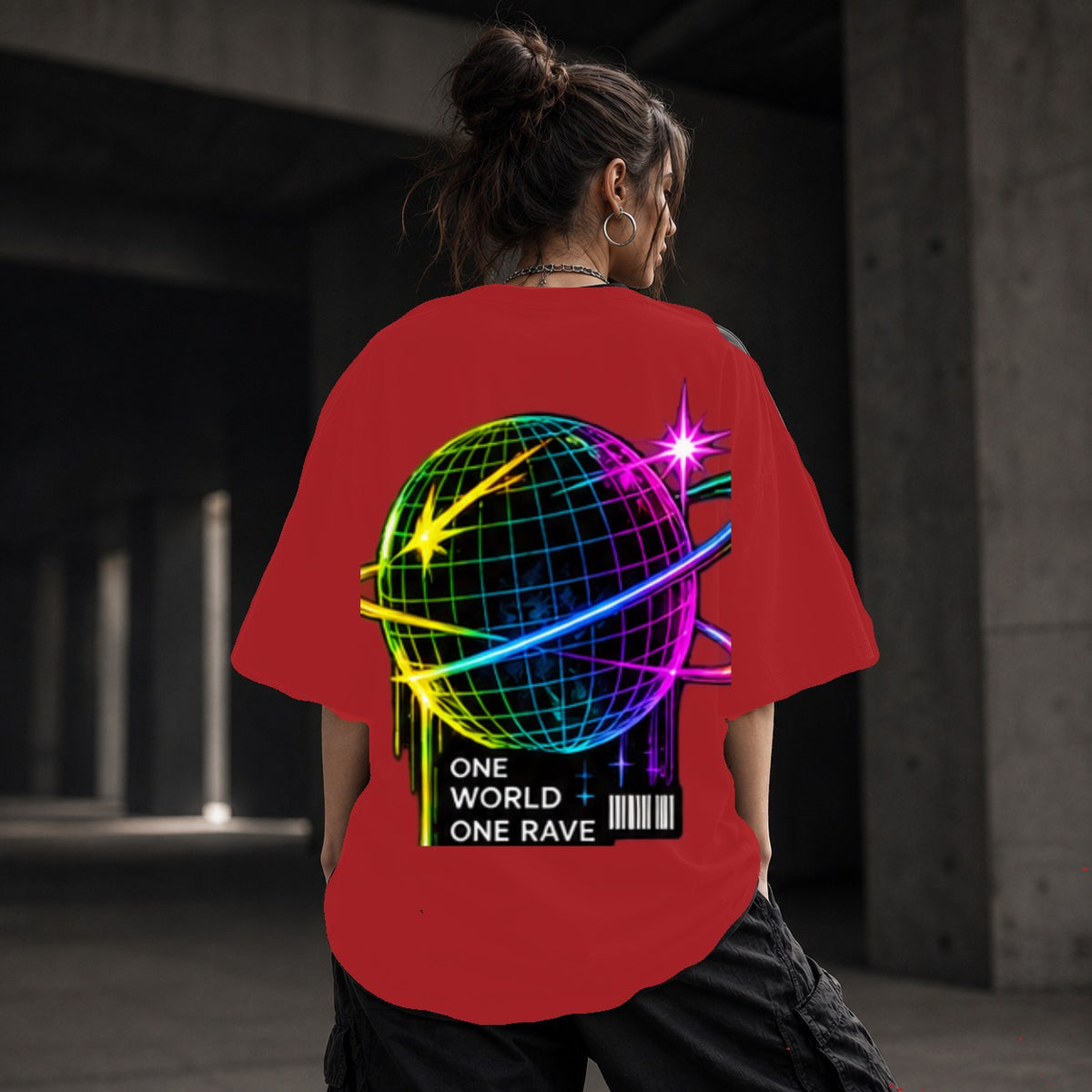 Neon Vibe Damen Oversized T-Shirt – Rave Globe – DTF Backprint in Rot, Größe 5XL