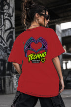 Neon Vibe Damen Oversized T-Shirt – Skeleton Heart – DTF Backprint in Rot, Größe 5XL