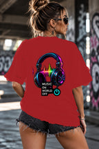 Neon Vibe Damen Oversized T-Shirt – Music Headphones – DTF Backprint in Rot, Größe 5XL