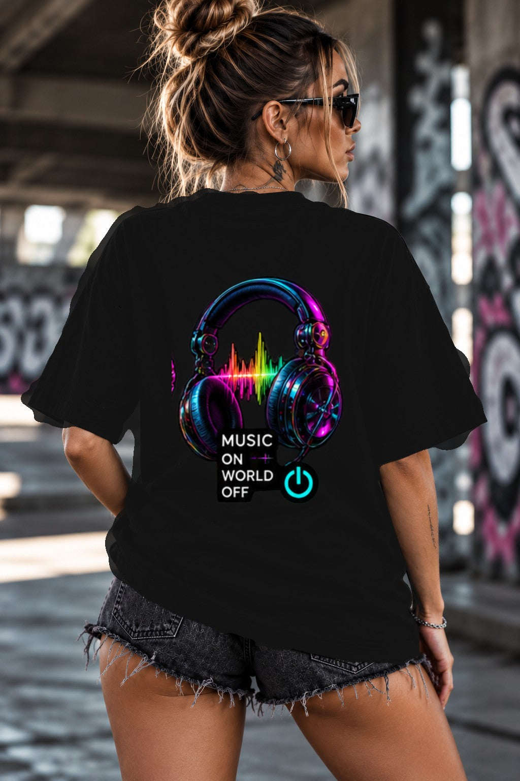 Neon Vibe Damen Oversized T-Shirt – Music Headphones – DTF Backprint in Schwarz, Größe 5XL