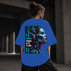 Neon Vibe Damen Oversized T-Shirt – Cyber Woman – DTF Backprint in Blau, Größe 5XL