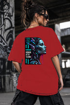 Neon Vibe Damen Oversized T-Shirt – Cyber Woman – DTF Backprint in Rot, Größe 5XL