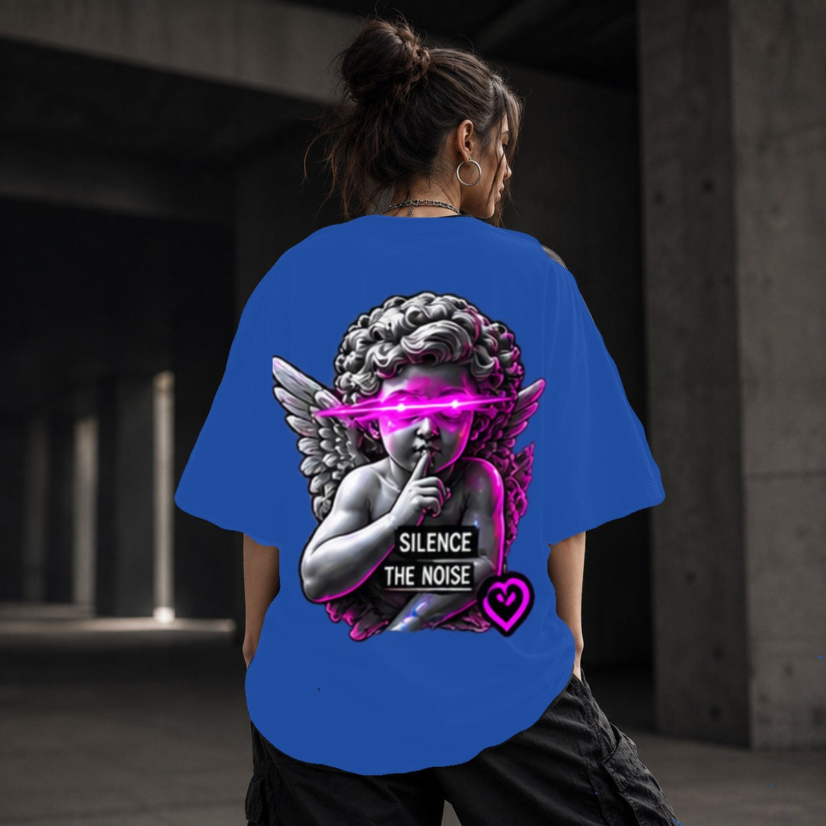 Neon Vibe Damen Oversized T-Shirt – Angel Statue – DTF Backprint in Blau, Größe 5XL