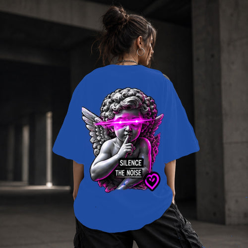 Neon Vibe Damen Oversized T-Shirt – Angel Statue – DTF Backprint in Blau, Größe 5XL
