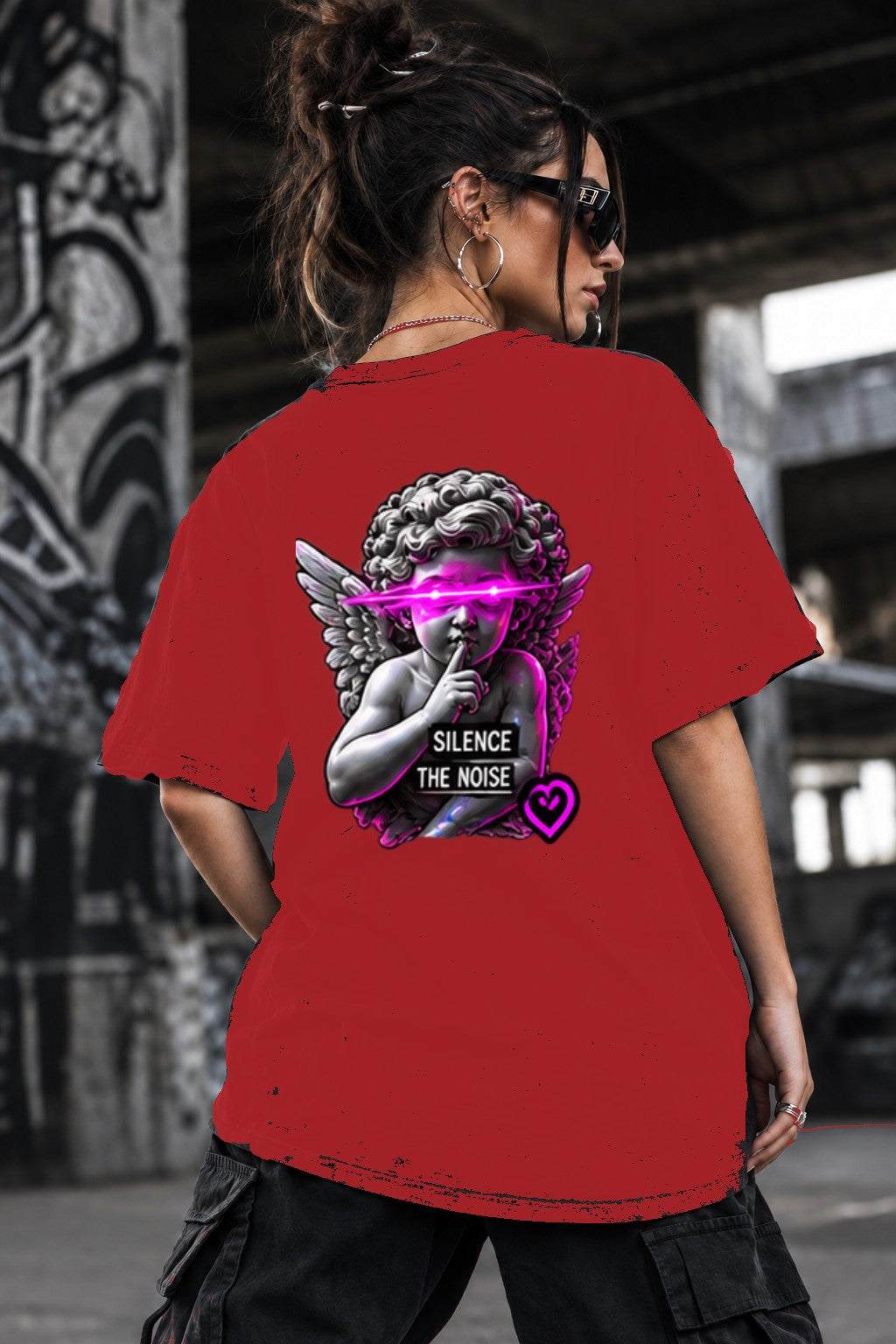 Neon Vibe Damen Oversized T-Shirt – Angel Statue – DTF Backprint in Rot, Größe 5XL
