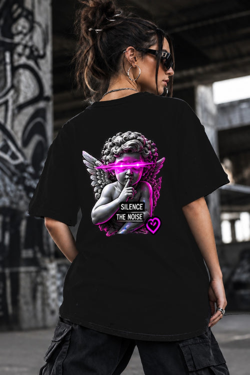 Neon Vibe Damen Oversized T-Shirt – Angel Statue – DTF Backprint in Schwarz, Größe 5XL