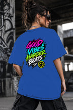 Neon Vibe Damen Oversized T-Shirt – Good Vibes – DTF Backprint in Blau, Größe 5XL