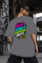Neon Vibe Damen Oversized T-Shirt – Good Vibes – DTF Backprint in Grau, Größe 5XL