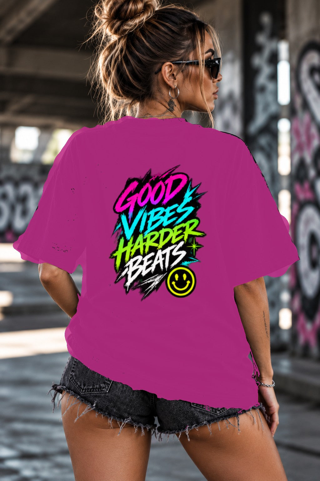 Neon Vibe Damen Oversized T-Shirt – Good Vibes – DTF Backprint in Pink, Größe 5XL