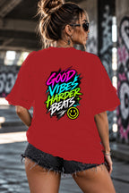 Neon Vibe Damen Oversized T-Shirt – Good Vibes – DTF Backprint in Rot, Größe 5XL