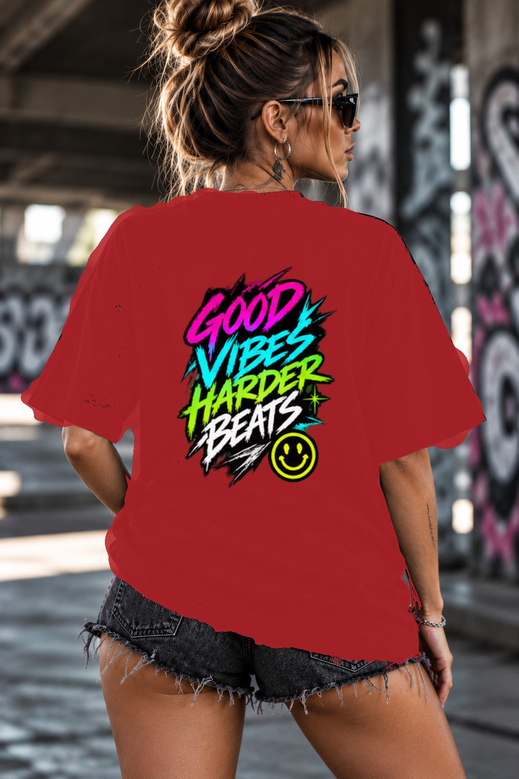 Neon Vibe Damen Oversized T-Shirt – Good Vibes – DTF Backprint in Rot, Größe 5XL