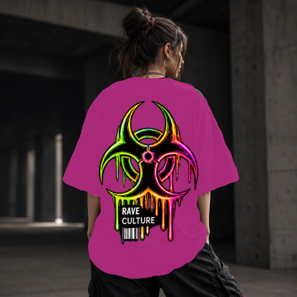 Neon Vibe Damen Oversized T-Shirt – Biohazard – DTF Backprint in Pink, Größe 5XL
