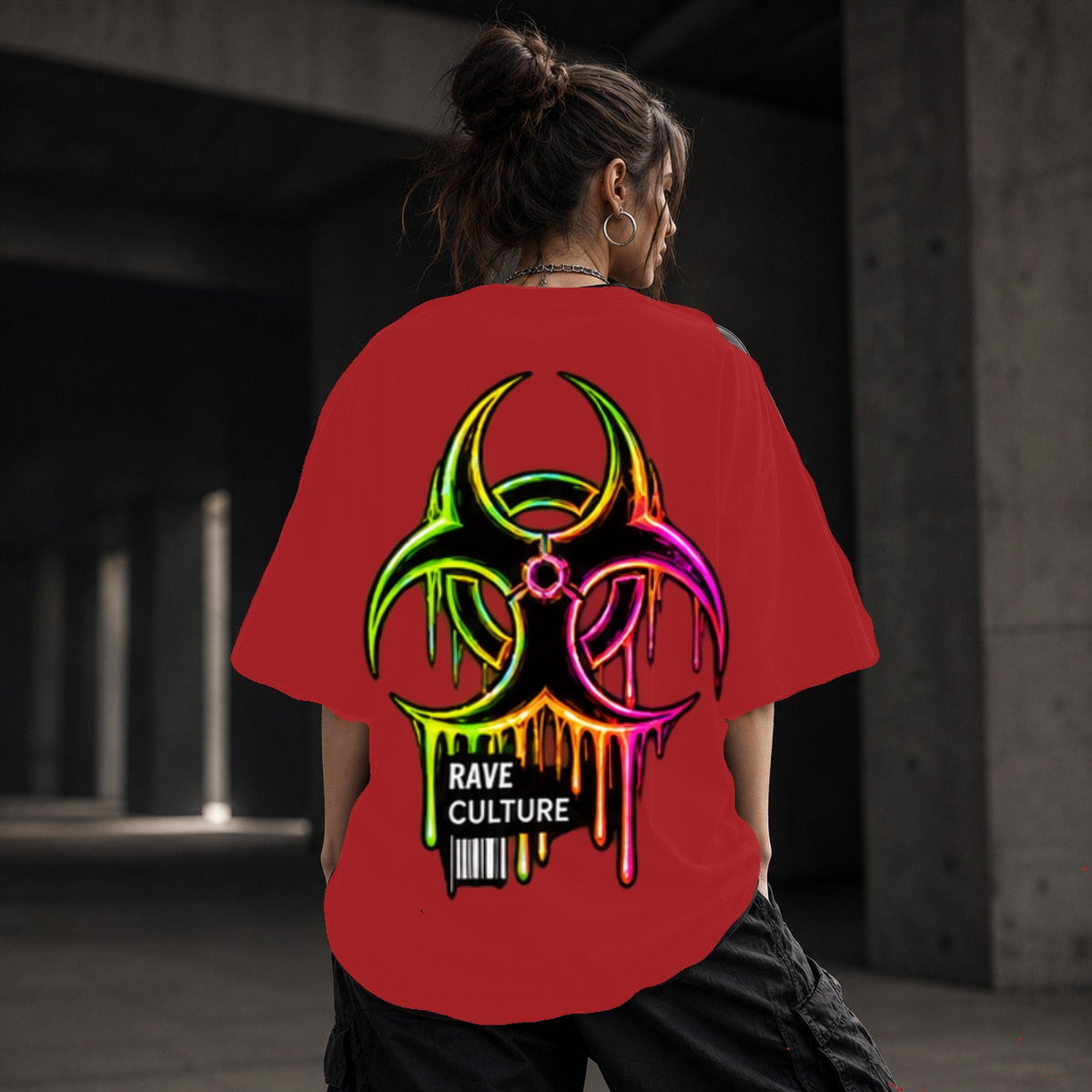 Neon Vibe Damen Oversized T-Shirt – Biohazard – DTF Backprint in Rot, Größe 5XL