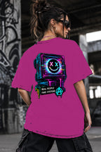 Neon Vibe Damen Oversized T-Shirt – TV Smiley – DTF Backprint in Pink, Größe 5XL