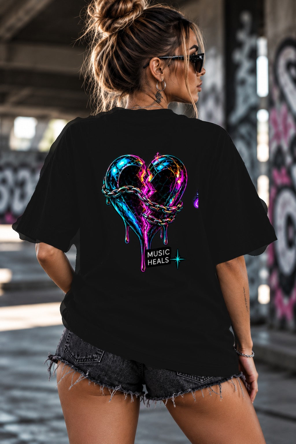 Neon Vibe Damen Oversized T-Shirt – Chained Broken Heart – DTF Backprint in Schwarz, Größe 5XL