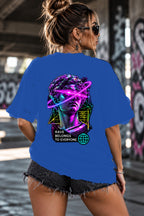Neon Vibe Damen Oversized T-Shirt – Rave Statue – DTF Backprint in Blau, Größe 5XL