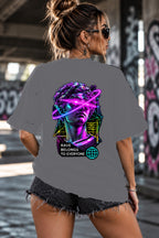 Neon Vibe Damen Oversized T-Shirt – Rave Statue – DTF Backprint in Grau, Größe 5XL