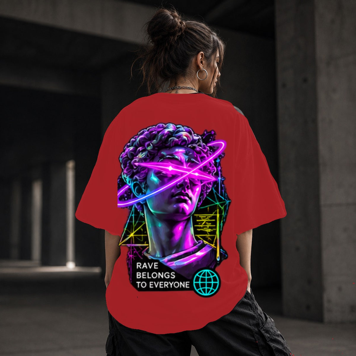 Neon Vibe Damen Oversized T-Shirt – Rave Statue – DTF Backprint in Rot, Größe 5XL