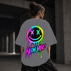 Neon Vibe Damen Oversized T-Shirt – Neon Smiley – DTF Backprint in Grau, Größe 5XL
