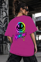 Neon Vibe Damen Oversized T-Shirt – Neon Smiley – DTF Backprint in Pink, Größe 5XL