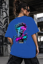 Neon Vibe Damen Oversized T-Shirt – Laser Statue – DTF Backprint in Blau, Größe 5XL