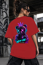 Neon Vibe Damen Oversized T-Shirt – Crowned Teddy – DTF Backprint in Rot, Größe 5XL