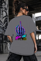 Neon Vibe Damen Oversized T-Shirt – Skeletal Peace Hand – DTF Backprint in Grau, Größe 5XL