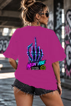 Neon Vibe Damen Oversized T-Shirt – Skeletal Peace Hand – DTF Backprint in Pink, Größe 5XL