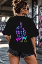 Neon Vibe Damen Oversized T-Shirt – Skeletal Peace Hand – DTF Backprint in Schwarz, Größe 5XL