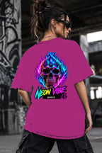 Neon Vibe Damen Oversized T-Shirt – Fire Skull – DTF Backprint in Pink, Größe 5XL